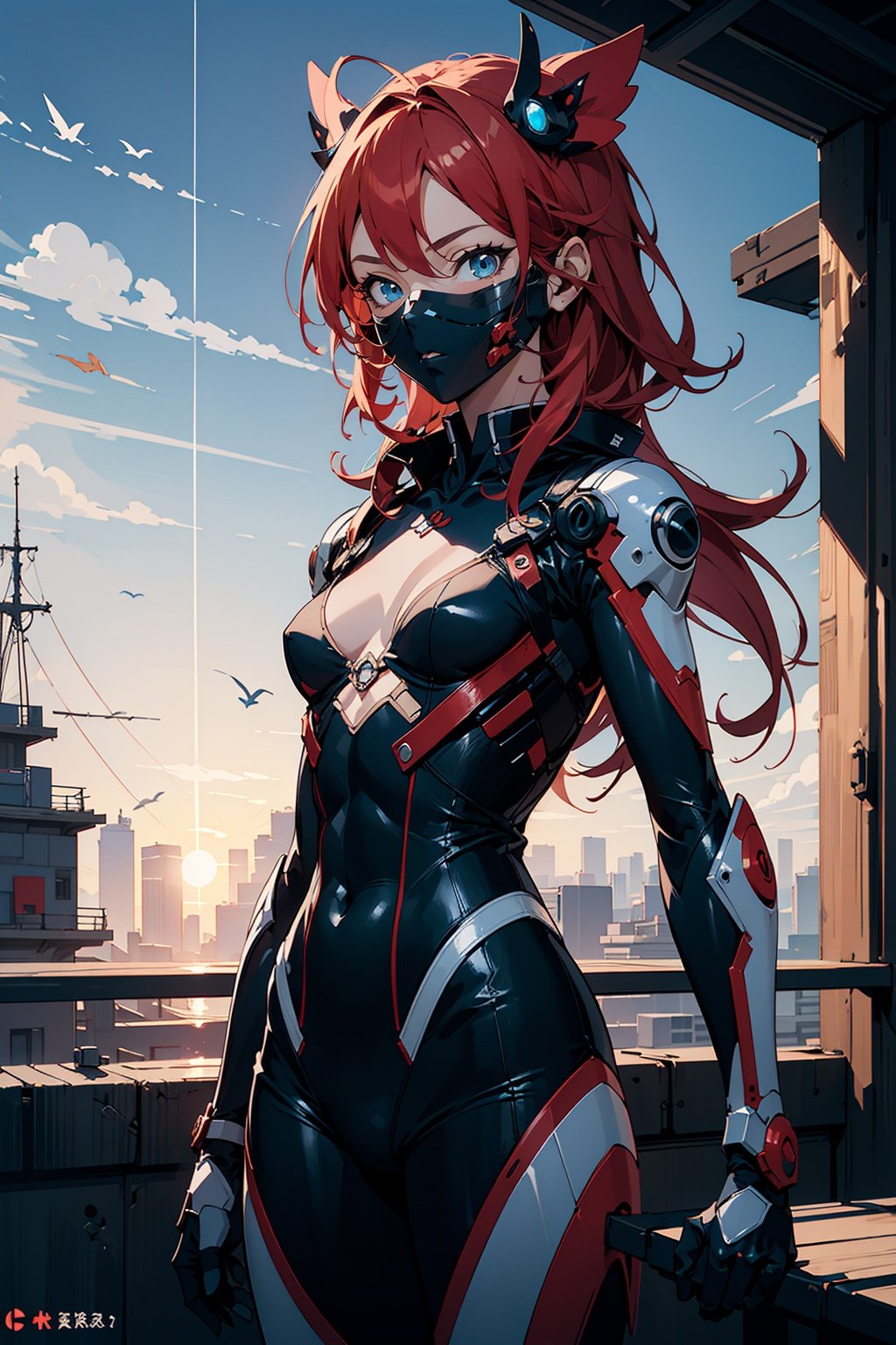 (masterpiece), (2d, flat line anime style paste color:1.3), best quality, raw photo, 1girl, red hair, blue eyes, bodysuit,abs, cleavage, intricate mask, sunset, futuristic, sci-fi, cowboy shot, extremely detailed. 