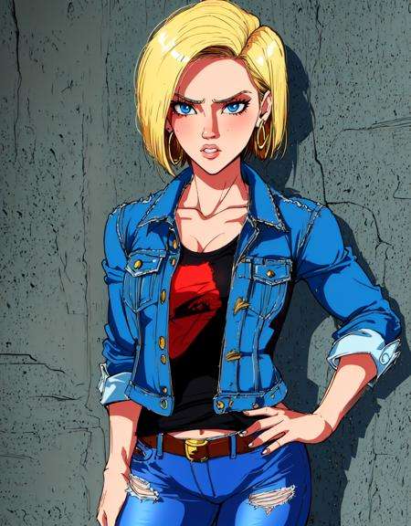 <lora:Shadman:1.3>, shadmanv1, <lora:Android18:0.3>, android 18, blonde hair, blue eyes, short hair, hoop earrings, jeans, black shirt, denim jacket, solo, cowboy shot