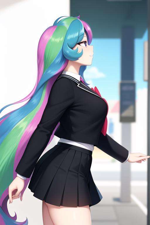 (from side), walking princess_celestia wearing a black school uniform, looking away, scene is city street, <lora:celestia-000008:0.9>, masterpiece, best quality