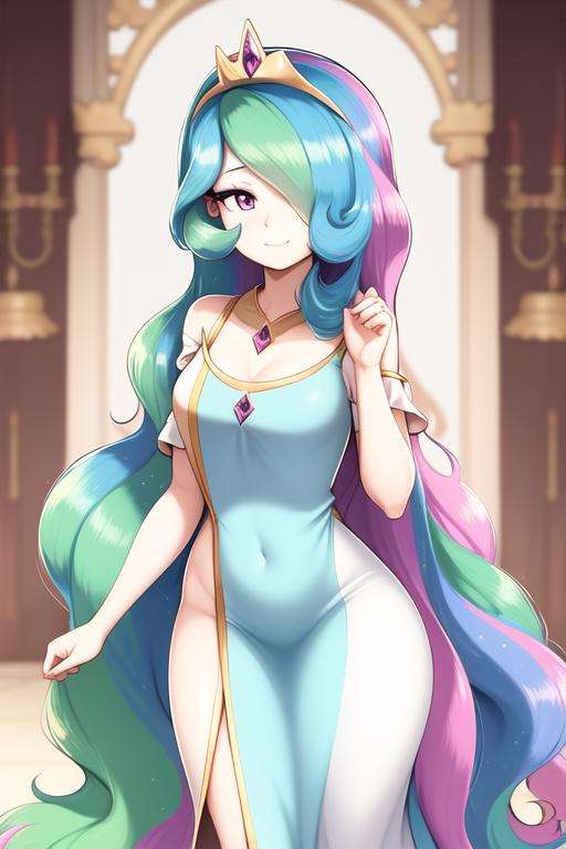 princess_celestia wearing a tunic, regalia, crown, scene is luxurious palace hall, (hair over one eye, one eye covered), <lora:celestia:1>, masterpiece, best quality