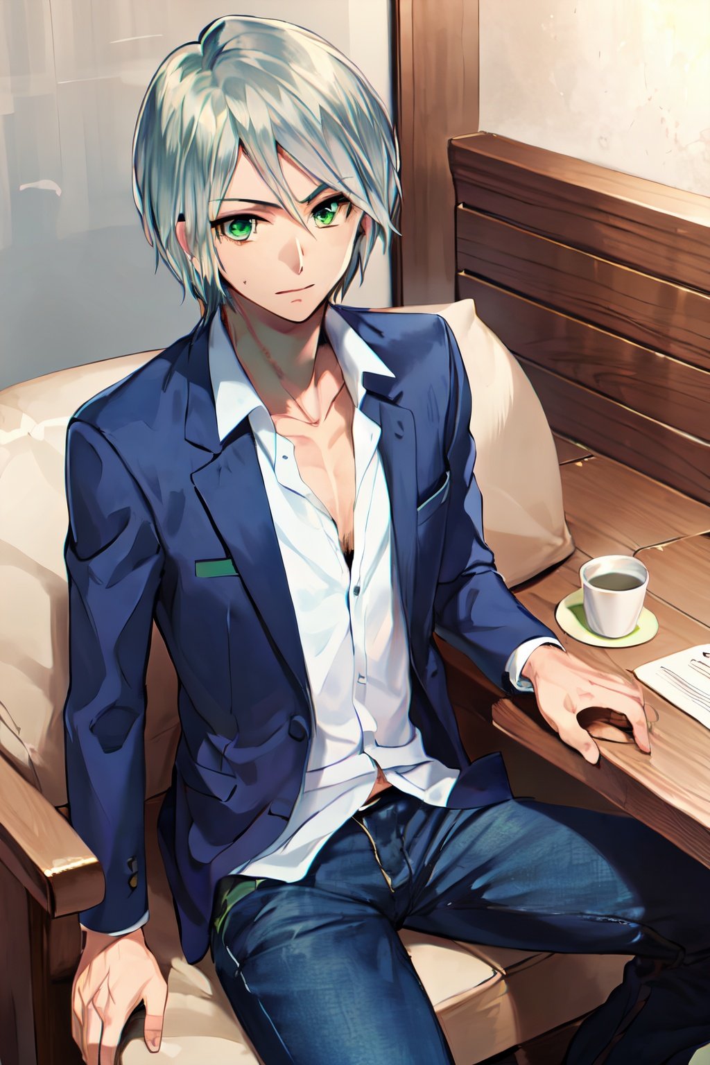 masterpiece, best quality, highres, 1boy, yaten, silver hair, green eyes, short hair, cowboy shot, business suit, ponytail, sitting, coffee