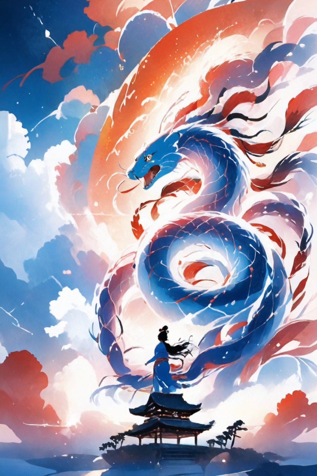 eastern mythology, snake, sky, cloud, 