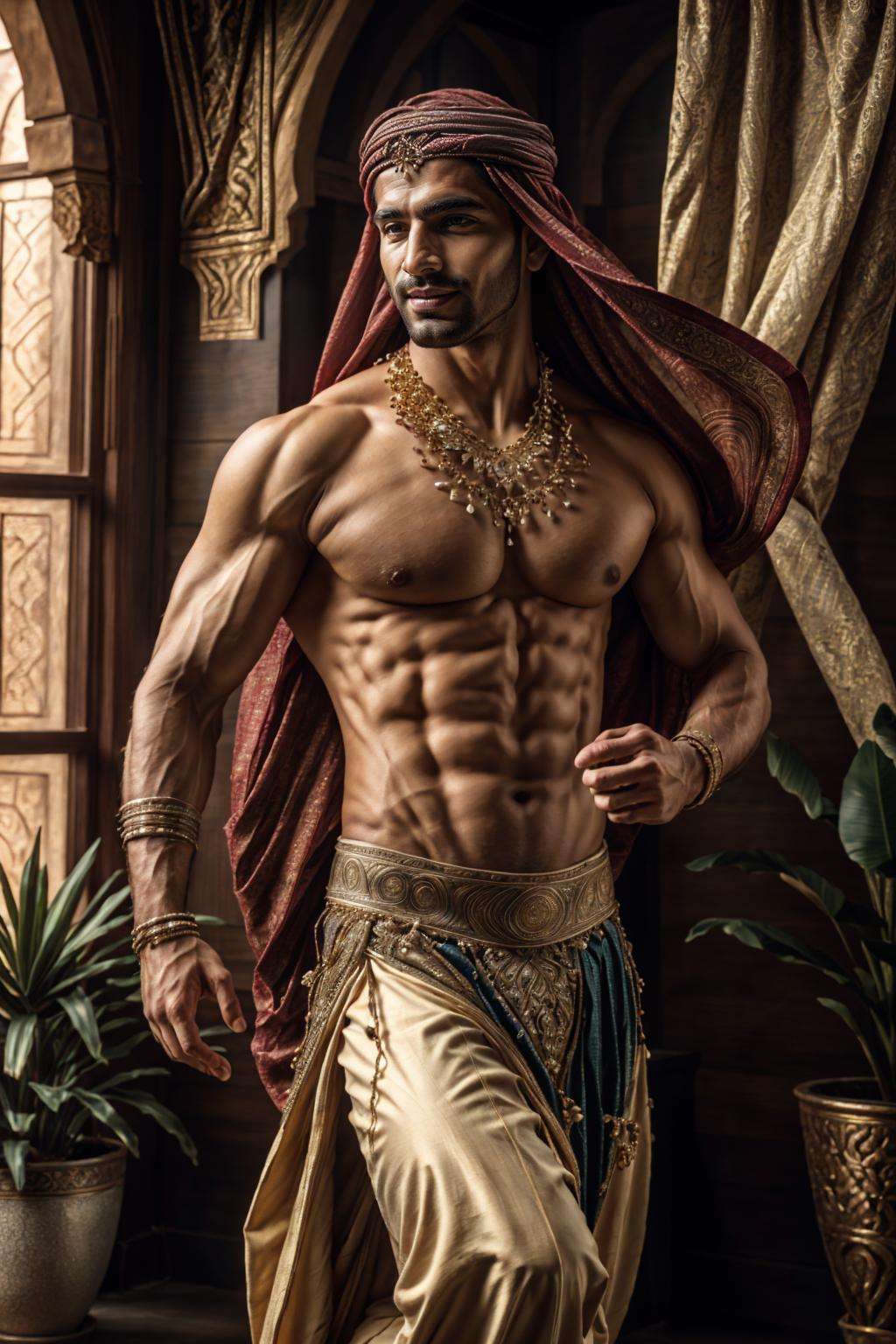 ((best quality)), ((masterpiece)), (detailed), (realistic), cinematic, natural lighting, (detailed background), depth of field, intricate, 8k, detailed skin, (large pectorals:1), pectorals, abs, bara, photo of a handsome man, bellydancer, jewelry, dancing, arabian clothes, looking at viewer, arabian palace, potted plants, curtains, majestic, smirk,