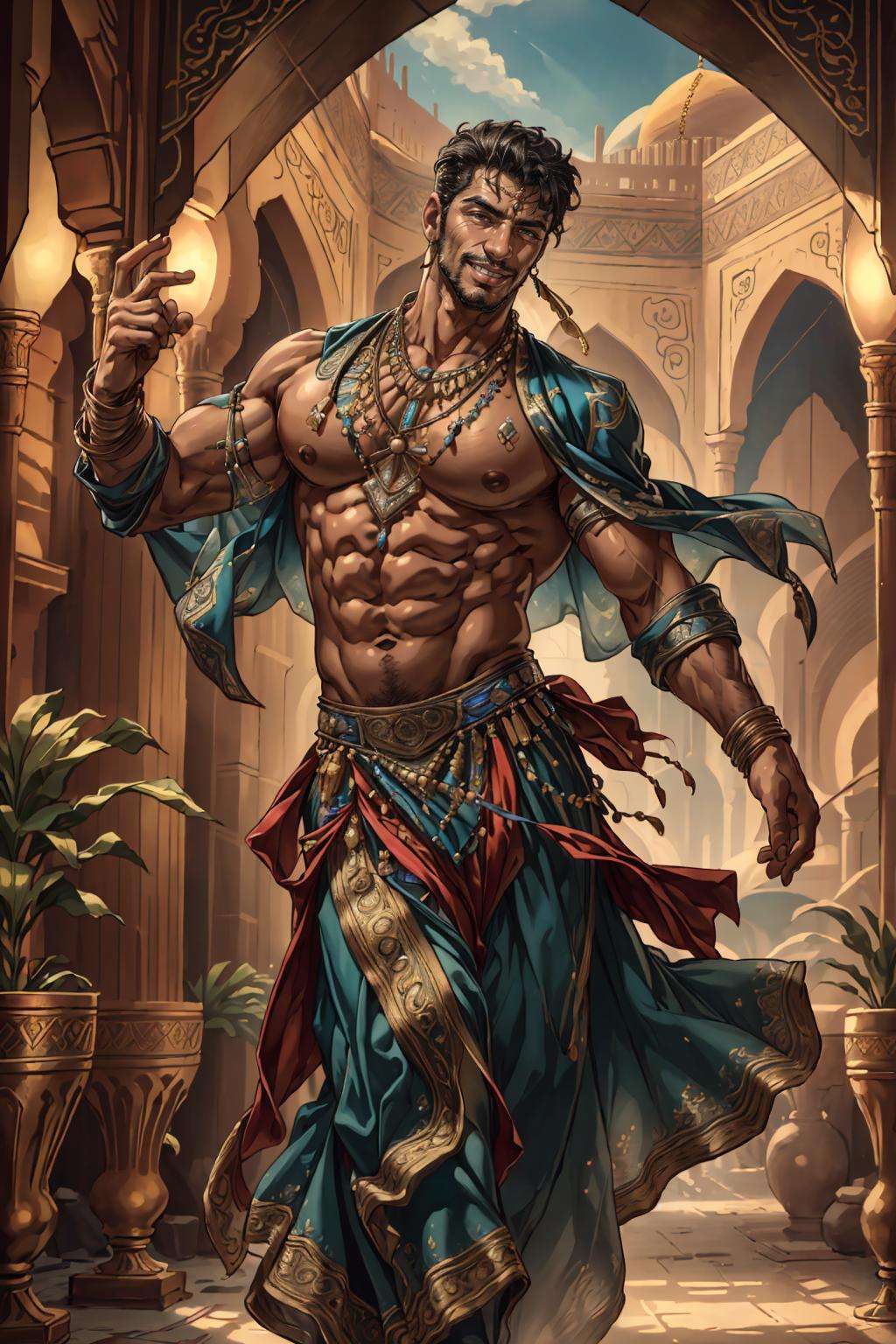 ((best quality)), ((masterpiece)), (detailed), (realistic), cinematic, natural lighting, (detailed background), depth of field, intricate, 8k, detailed skin, (large pectorals:1), pectorals, abs, bara, photo of a handsome man, bellydancer, jewelry, dancing, arabian clothes, smirk, teeth, looking at viewer, outdoors, arabian palace, potted plants,