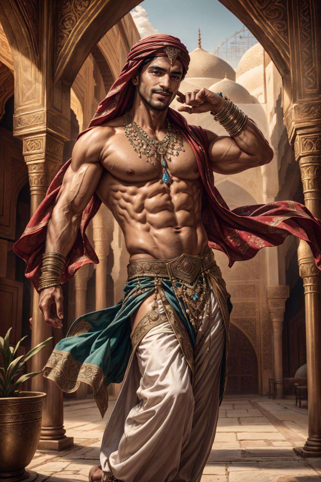 ((best quality)), ((masterpiece)), (detailed), (realistic), cinematic, natural lighting, (detailed background), depth of field, intricate, 8k, detailed skin, (large pectorals:1), pectorals, abs, bara, photo of a handsome man, bellydancer, jewelry, dynamic pose, arabian clothes, smirk, teeth, looking at viewer, outdoors, arabian palace, potted plants,