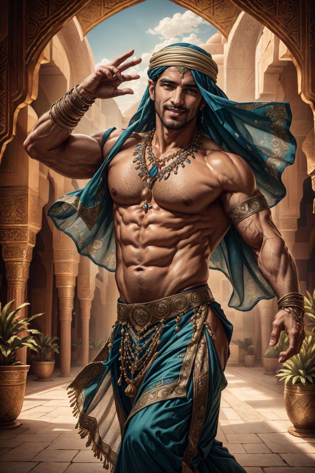 ((best quality)), ((masterpiece)), (detailed), (realistic), cinematic, natural lighting, (detailed background), depth of field, intricate, 8k, detailed skin, (large pectorals:1), pectorals, abs, bara, photo of a handsome man, bellydancer, jewelry, dancing, arabian clothes, smirk, teeth, looking at viewer, outdoors, arabian palace, potted plants,