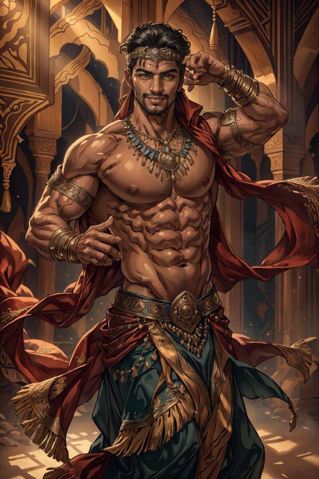 ((best quality)), ((masterpiece)), (detailed), (realistic), cinematic, natural lighting, (detailed background), depth of field, intricate, 8k, detailed skin, (large pectorals:1), pectorals, abs, bara, photo of a handsome man, bellydancer, jewelry, dancing, arabian clothes, smirk, teeth, looking at viewer,