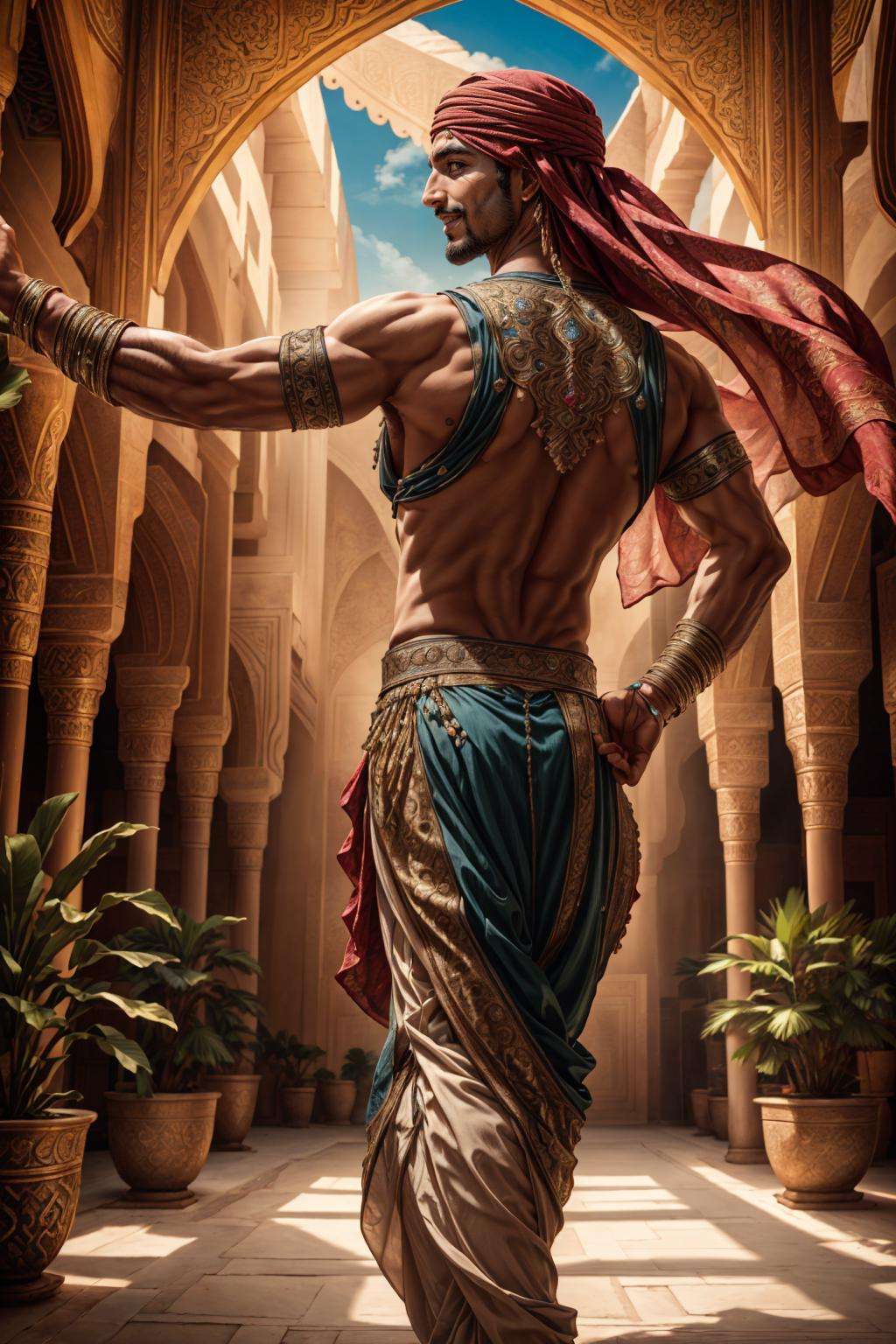 ((best quality)), ((masterpiece)), (detailed), (realistic), cinematic, natural lighting, (detailed background), depth of field, intricate, 8k, detailed skin, (large pectorals:1), pectorals, abs, bara, photo of a handsome man, bellydancer, jewelry, dynamic pose, arabian clothes, smirk, teeth, looking at viewer, outdoors, arabian palace, potted plants, back view,