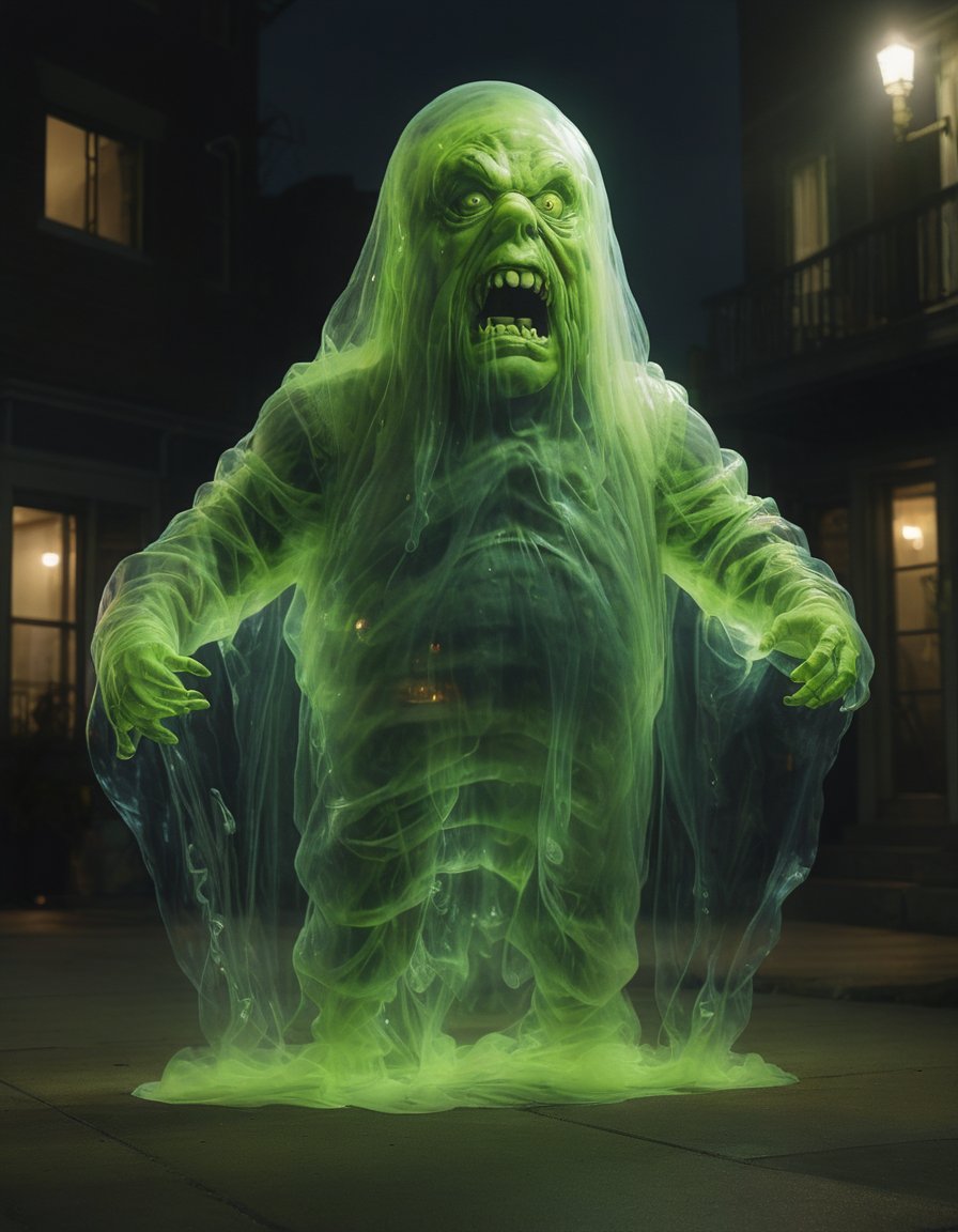 a transparent ghost slimer ghostbusters at night, glowing