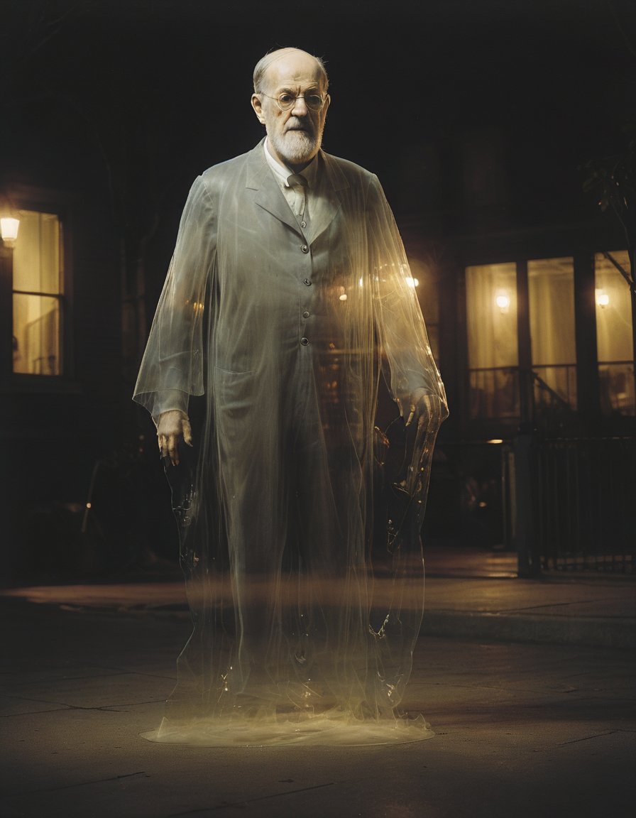 a photo of transparent ghost sigmund freud at night