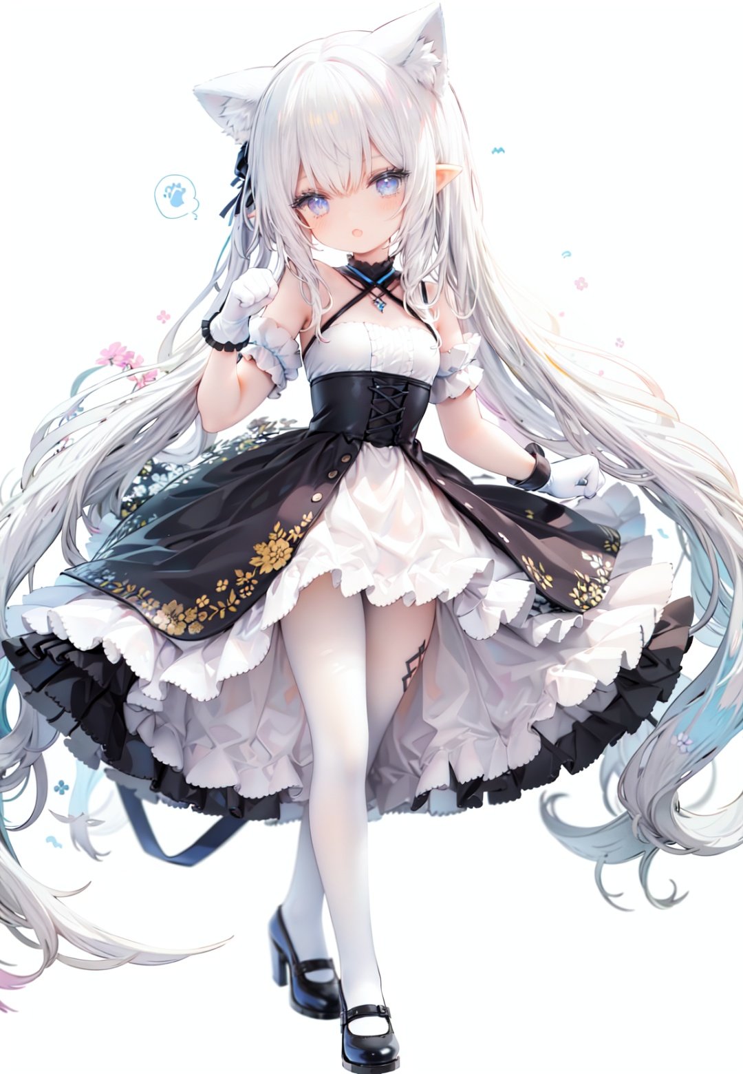 1girl, white_gloves, braid, full_body, gloves, long_hair, official_alternate_costume, pointy_ears, simple_background, solo, standing, very_long_hair, white_background,white hair,blue eyes,paw claw pose, open_mouth,