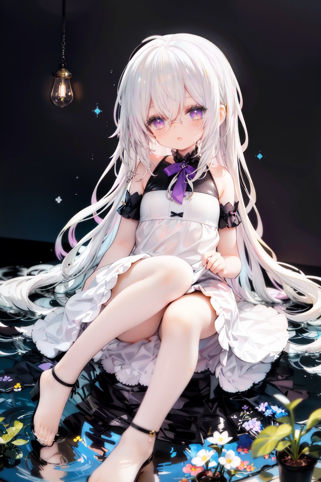 //,masterpiece, ((best quality)), (ultra-detailed), (illustration), an extremely delicate and beautiful, dynamic angle, chromatic aberration,((Medium shot)), ((colorful)),//,1girl,little girl,1girl,loli,petite,loli,looking away,Black rimmed glasses,dress,Constellation print,anklet,barefoot,sitting,(white hair:1.3),(long hair:1.3),ahoge,purple eyes,open mouth,(Dim light),classical,library, plant, Oil lamp,