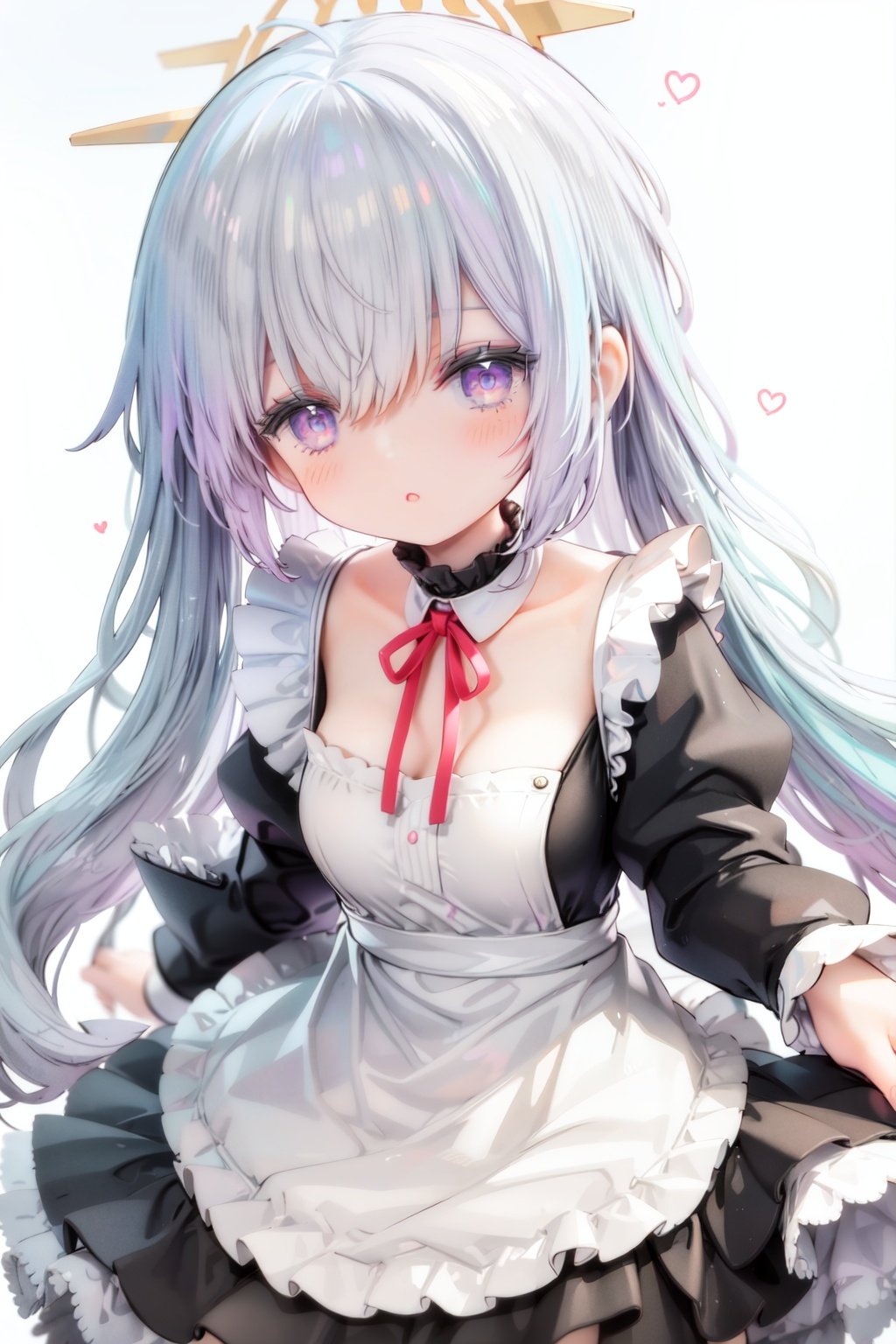 1girl, solo, apron, long hair, hair over one eye, white background, frills, braid, halo, long sleeves, dress, simple background, white hair, white apron, puffy sleeves, very long hair, frilled apron, maid, purple eyes, ribbon, parted lips, maid apron, bangs, juliet sleeves, black dress, neck ribbon, looking at viewer, single braid, blush