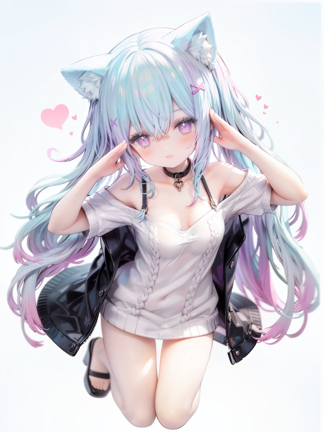 petite, loli, solo, animal ears, heart, puffy short sleeves, blue hair, long hair, off shoulder, bangs, hair ornament, gradient background,rainbow gradient, x hair ornament, animal ear fluff, looking at viewer, very long hair, blush, smile, cat ears, bare shoulders, collarbone, hand up, gradient sweater, hair between eyes, symbol-shaped pupils, arm up, heart-shaped pupils, hairclip, medium breasts, salute, bare legs,full body