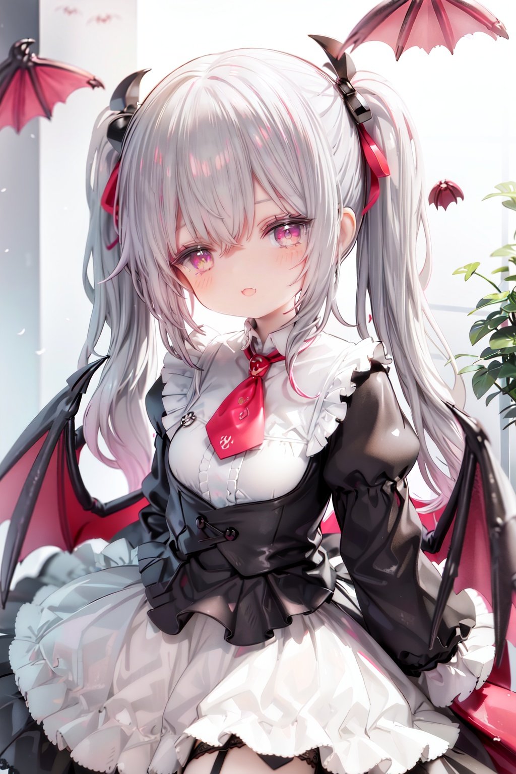 1girl, (crimson inner highlights with silver twintails:1.4),messy hair and (hair intakes:1.2), (hair between eyes, swept bangs) , long hair, solo, hair ornament, skirt, hair flower, very long hair, ribbon trim, crimson eyes, looking at viewer, flower, ((white skirt)), smile, bangs, zettai ryouiki, crimson pupils,floating hair, crimson gradient hair, dress,shirt, neck ribbon, gem, cowboy shot, (chibi:1.25), (loli:1.5),(petite), petety,sidelighting,intricate,cute,adorable,8k beautiful portrait, slightly flush,god rays,(the best quality:1.2), (super fine illustrations:1.2), 8k beautiful portrait, (illustration), extremely detailed, CG ,unity, 8k wallpaper, mary jane shoes, long sleeves, medium breasts, necktie, Camellia, pleated dress, half-closed eyes, v arms, bat hair clips, batwing, fluttering hair, (vampire:1.5), (pale skin), gothic style, gothic lolita, gothic architecture, (elf), smug, open mouth,, garter belt, fantasy.