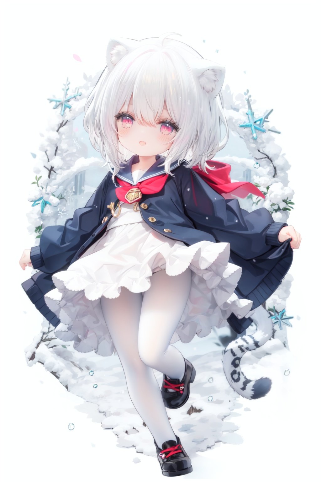 cute,Infant,solo blue shirt,blue sailor coat,loli,full body,white hair,snow leopard ear,white background,pink eyes,laugh,happy,white pantihose,white pantyhose,red armband,