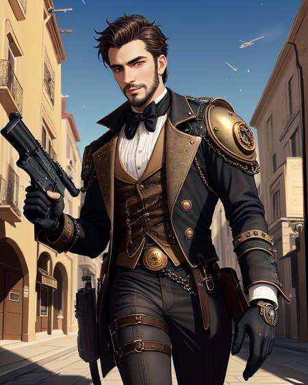 anime, ntricately detailed, (steampunk), a spanish man, sexy, strutting outdoors, gorgeous eyes, detailed face, dessert, outdoors, holding a gun, global illumination, subsurface scattering,