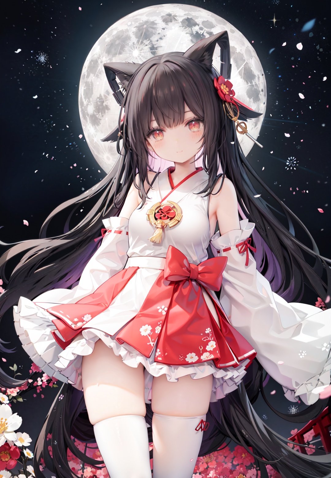 1girl, long hair, solo, thighhighs, black hair, hair ornament, moon, japanese clothes, skirt, detached sleeves, white thighhighs, miko, hakama short skirt, hair flower, very long hair, ribbon trim, ribbon-trimmed legwear, full moon, hakama skirt, hakama, brown eyes, outdoors, night, standing, looking at viewer, flower, hand on hip, tree, red skirt, sky, wide sleeves, smile, ribbon-trimmed sleeves, star (sky), fence, blush, bangs, zettai ryouiki, bare shoulders, night sky, red eyes, nontraditional miko, red hakama, thighs, closed mouth