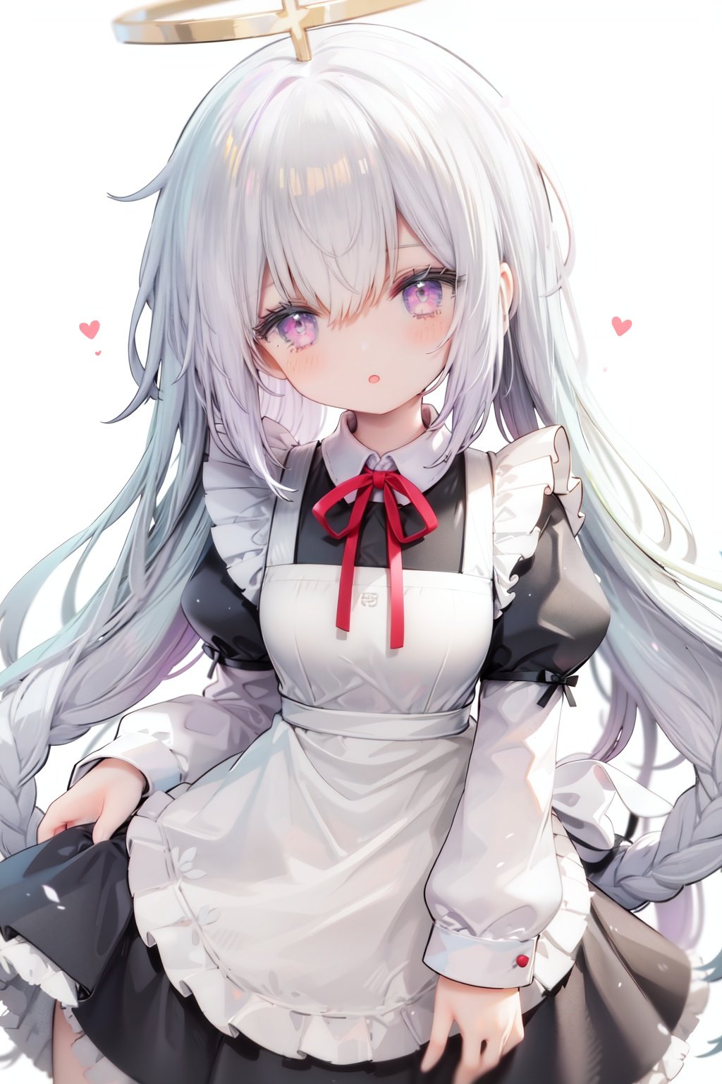 1girl, solo, apron, long hair, hair over one eye, white background, frills, braid, halo, long sleeves, dress, simple background, white hair, white apron, puffy sleeves, very long hair, frilled apron, maid, purple eyes, ribbon, parted lips, maid apron, bangs, juliet sleeves, black dress, neck ribbon, looking at viewer, single braid, blush