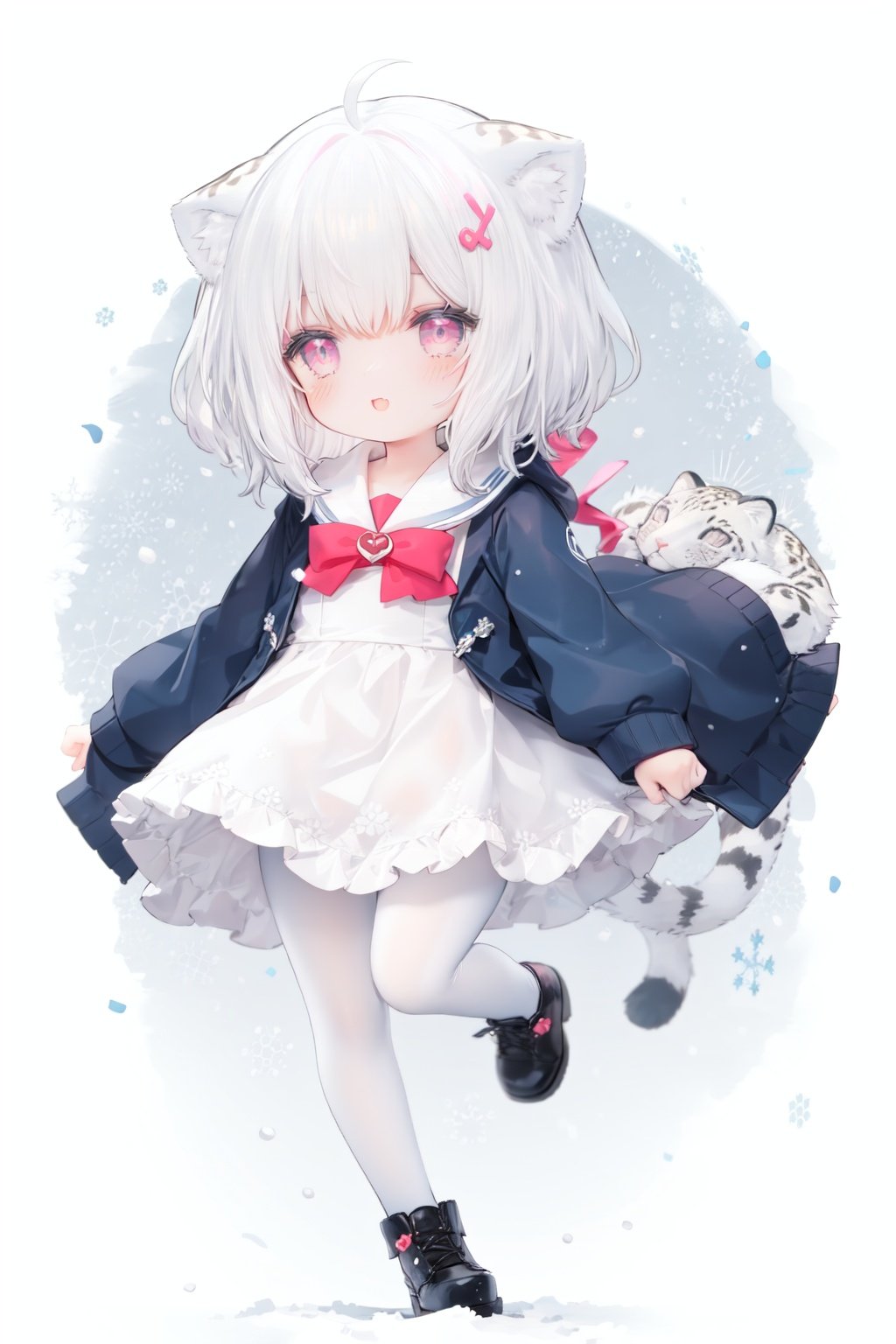 cute,Infant,solo blue shirt,blue sailor coat,loli,full body,white hair,snow leopard ear,white background,pink eyes,laugh,happy,white pantihose,white pantyhose,red armband,