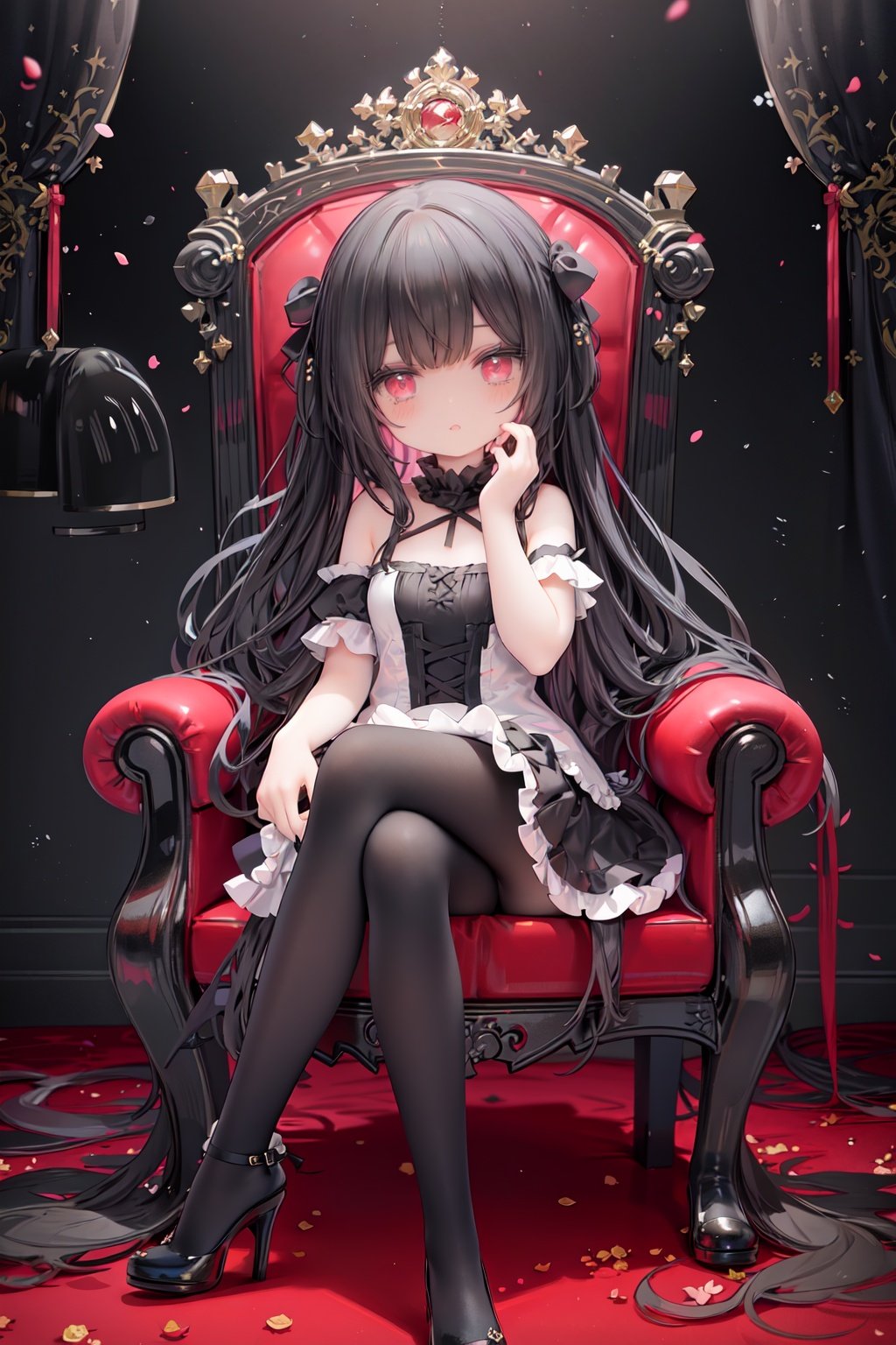 masterpiece, ((best quality)), (ultra-detailed), (illustration), an extremely delicate and beautiful girl, dynamic angle, chromatic aberration, ((colorful)),//,1girls,loli,(petite child:1.1),//,(in Gothic castle),girl with black hair,red eyes,Vertical pupil,long hair,hair arrangement,(Detailed face description),(batwing),(Gothic Lolita),(bat tail),alccandlestick,Cathedral glass,,short skirt,black pantyhose,red lace,high heels,rose tattoo,throne,sitting,crossed legs,//,