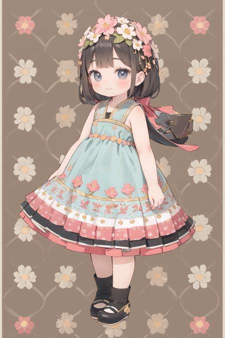 simaenaga ,little bird, solo,1girl,child,flat chest, cowboy shot,:3,sumile,happy,full body,jean shoes,(western dress with the pattern of tiny flowers:1.2)