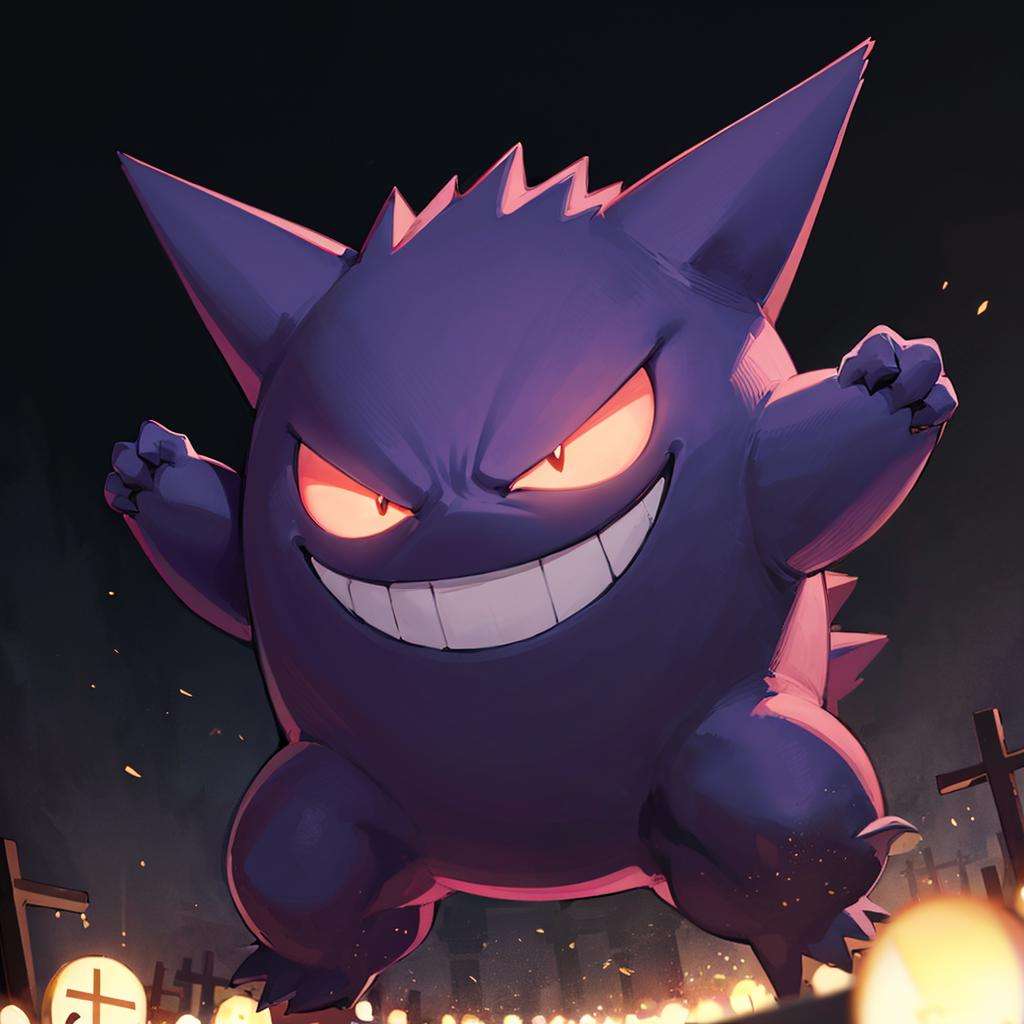 centered, award winning photo, (looking at viewer:1.2), | evil grin, Gengar_Pokemon,  no humans, pokemon \(creature\), smile, dynamic pose, | graveyard, dark theme,  | bokeh, depth of field, cinematic composition, | <lora:Gengar_Pokemon_Anime:0.6>