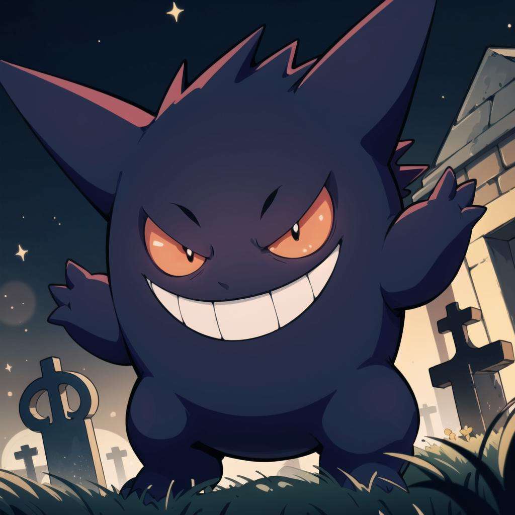 centered, award winning photo, (looking at viewer:1.2), | evil grin, Gengar_Pokemon,  no humans, pokemon \(creature\), smile, dynamic pose, | graveyard, dark theme,  | bokeh, depth of field, cinematic composition, | <lora:Gengar_Pokemon_Anime:0.6>