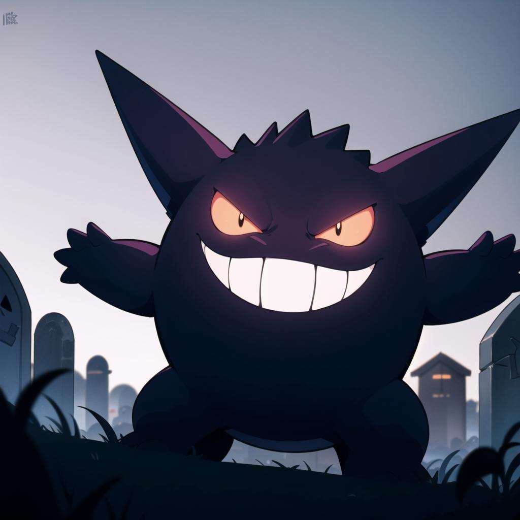 centered, award winning photo, (looking at viewer:1.2), | evil grin, Gengar_Pokemon,  no humans, pokemon \(creature\), smile, dynamic pose, | graveyard, dark theme,  | bokeh, depth of field, cinematic composition, | <lora:Gengar_Pokemon_Anime:0.6>