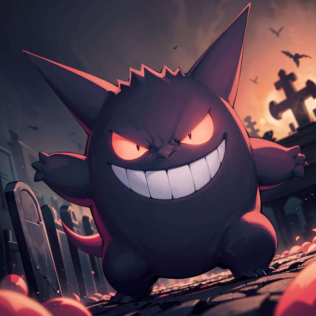 centered, award winning photo, (looking at viewer:1.2), | evil grin, Gengar_Pokemon,  no humans, pokemon \(creature\), smile, dynamic pose, | graveyard, dark theme,  | bokeh, depth of field, cinematic composition, | <lora:Gengar_Pokemon_Anime:0.6>