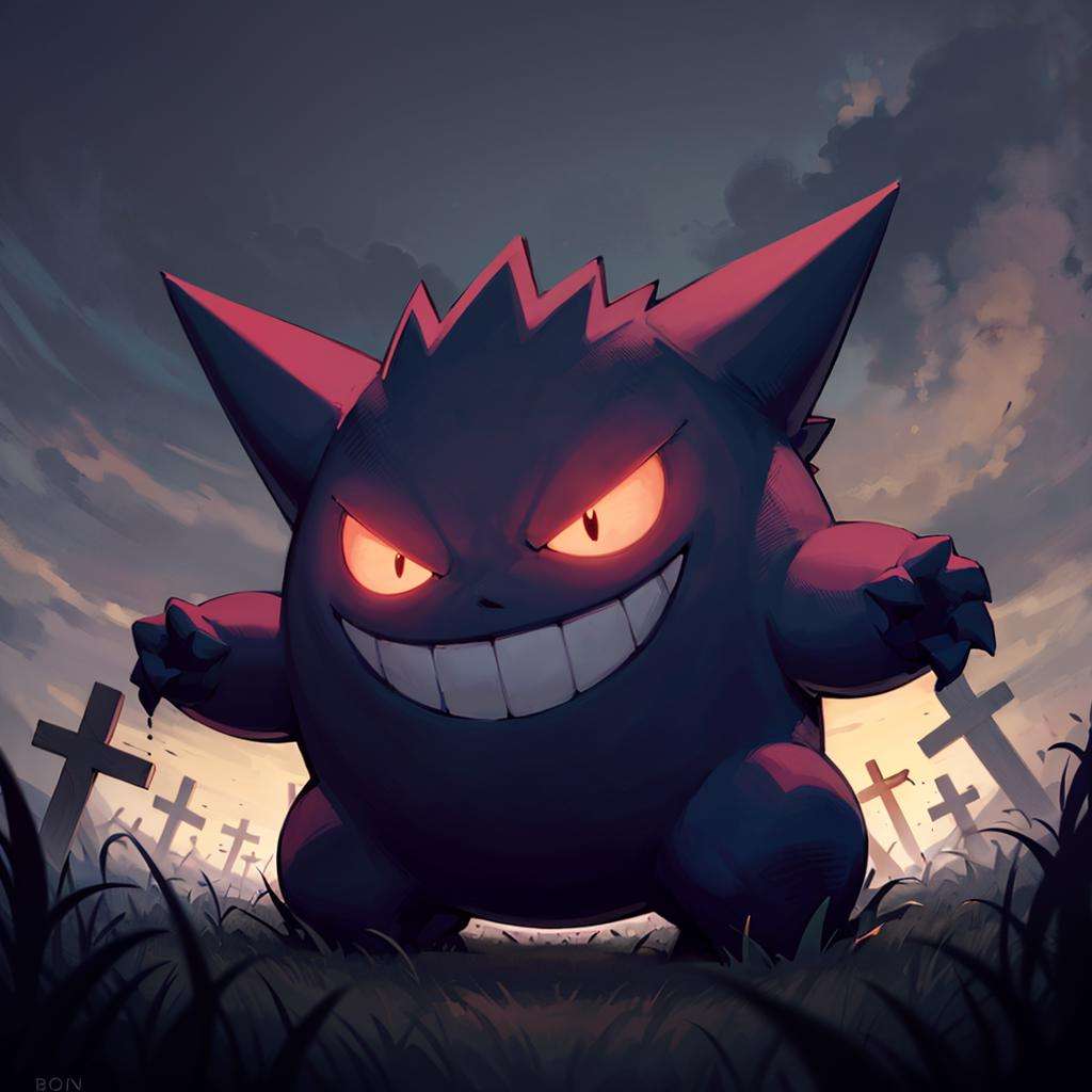 centered, award winning photo, (looking at viewer:1.2), | evil grin, Gengar_Pokemon,  no humans, pokemon \(creature\), smile, dynamic pose, | graveyard, dark theme,  | bokeh, depth of field, cinematic composition, | <lora:Gengar_Pokemon_Anime:0.6>