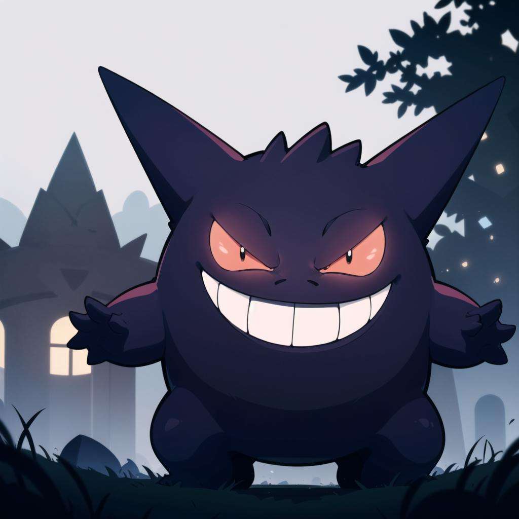 centered, award winning photo, (looking at viewer:1.2), | evil grin, Gengar_Pokemon,  no humans, pokemon \(creature\), smile, dynamic pose, | graveyard, dark theme,  | bokeh, depth of field, cinematic composition, | <lora:Gengar_Pokemon_Anime:0.6>