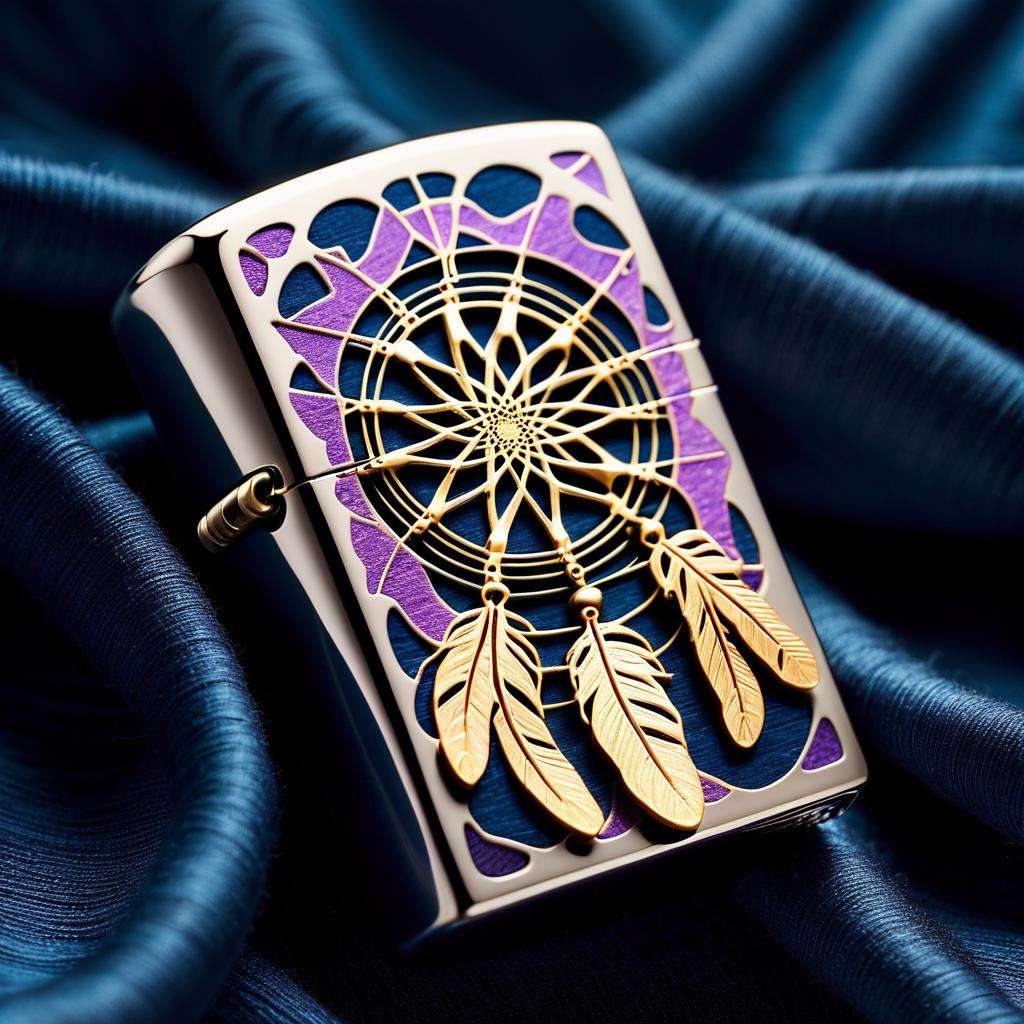 product photography , A Zippo adorned with shifting dreamcatcher patterns, each thread seemingly alive and capturing dreams within, shifting dreamcatcher patterns:0.9, threads alive:0.8, capturing dreams:0.7. <lora:zippo:1.0>