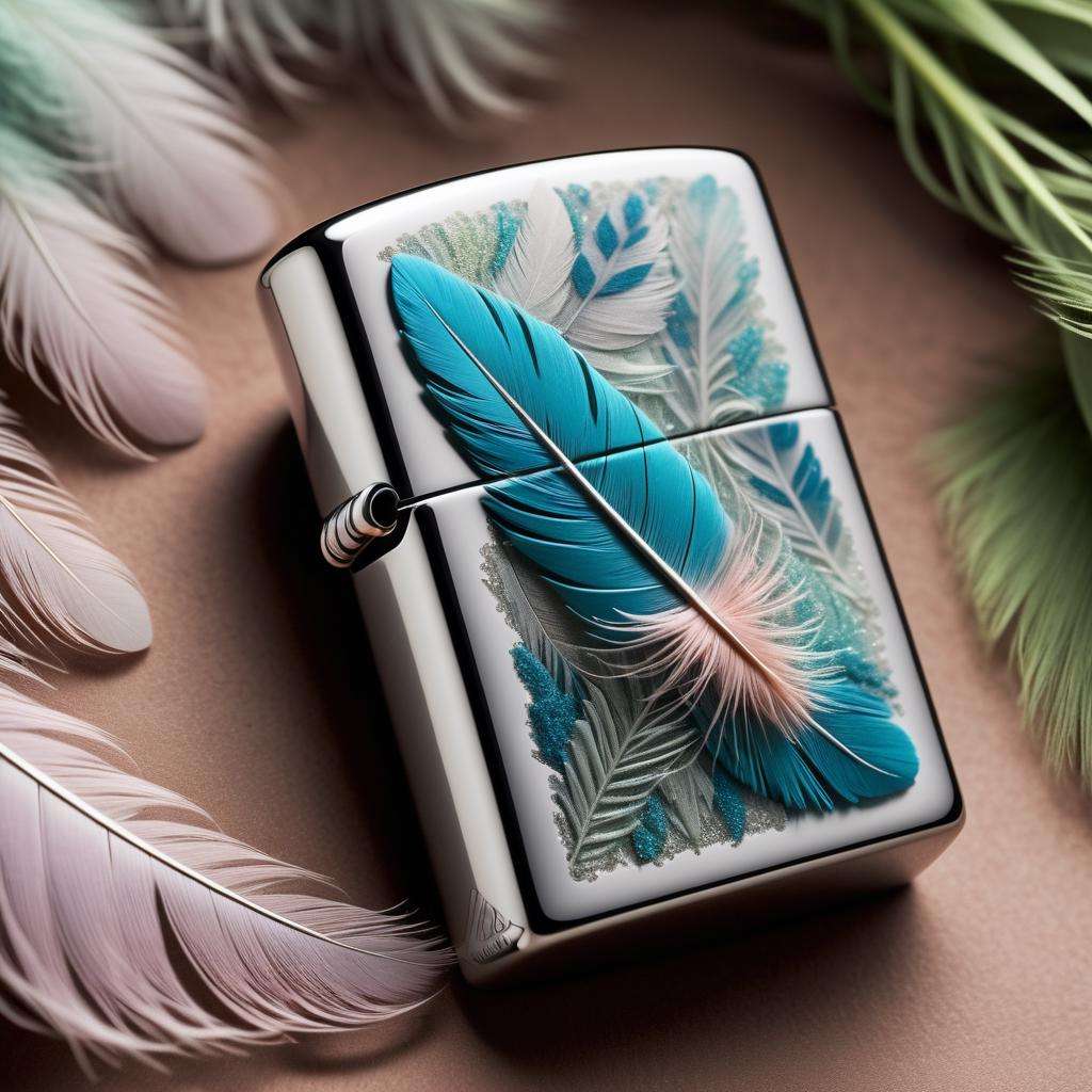 product photography , A Zippo formed from enchanted feathers, each feather emitting a gentle, soothing breeze when touched, enchanted feathers:0.9, gentle breeze:0.7, soothing:0.7. <lora:zippo:1.0>