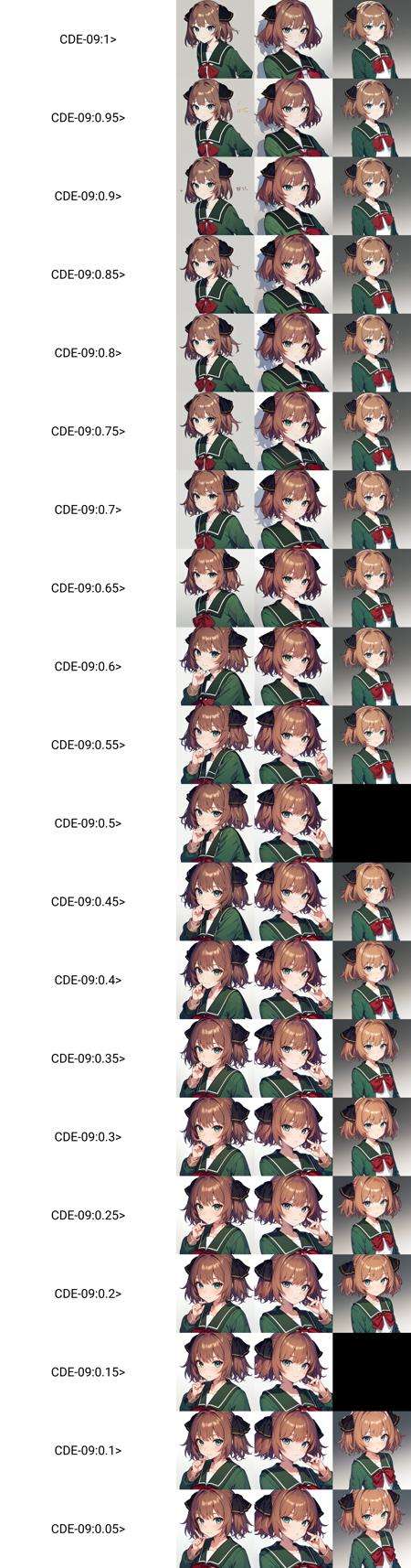 (masterpiece, best quality), Alphacde,BREAK, 1girl, solo,BREAK,  HachijouKC, brown hair, black hair ribbon, serafuku, (green jacket, long sleeves), green sailor collar, red neck ribbon, green pleated skirt,BREAK,  upper body shot, oblique portrait, gradient background, white background,BREAK, <lora:Hachijou:1>,  <lora:CDE-09:1>