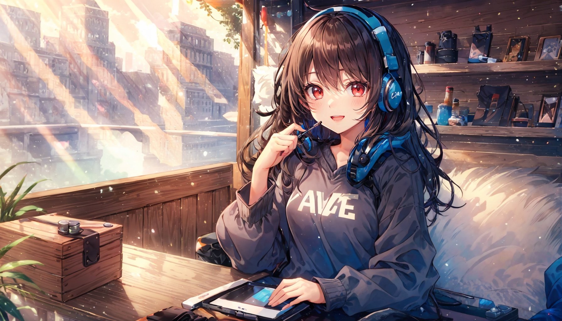 1girl, solo, Sitting, sitting_down, smile, , illustration, masterpiece,  best quality, beautiful face, young girl, long_hair,  black_hair, detailed eyes, red eyes, (upper body), cowboy shot, clear room, (guitar case), (headphones, tablet pc), ((computer, game console, box, chair, toy)), ((Play electric guitar)), (baggy clothes:1.4), light through window, (full body), <lora:EMS-30781-EMS:1.000000>, , <lora:EMS-14220-EMS:1.200000>