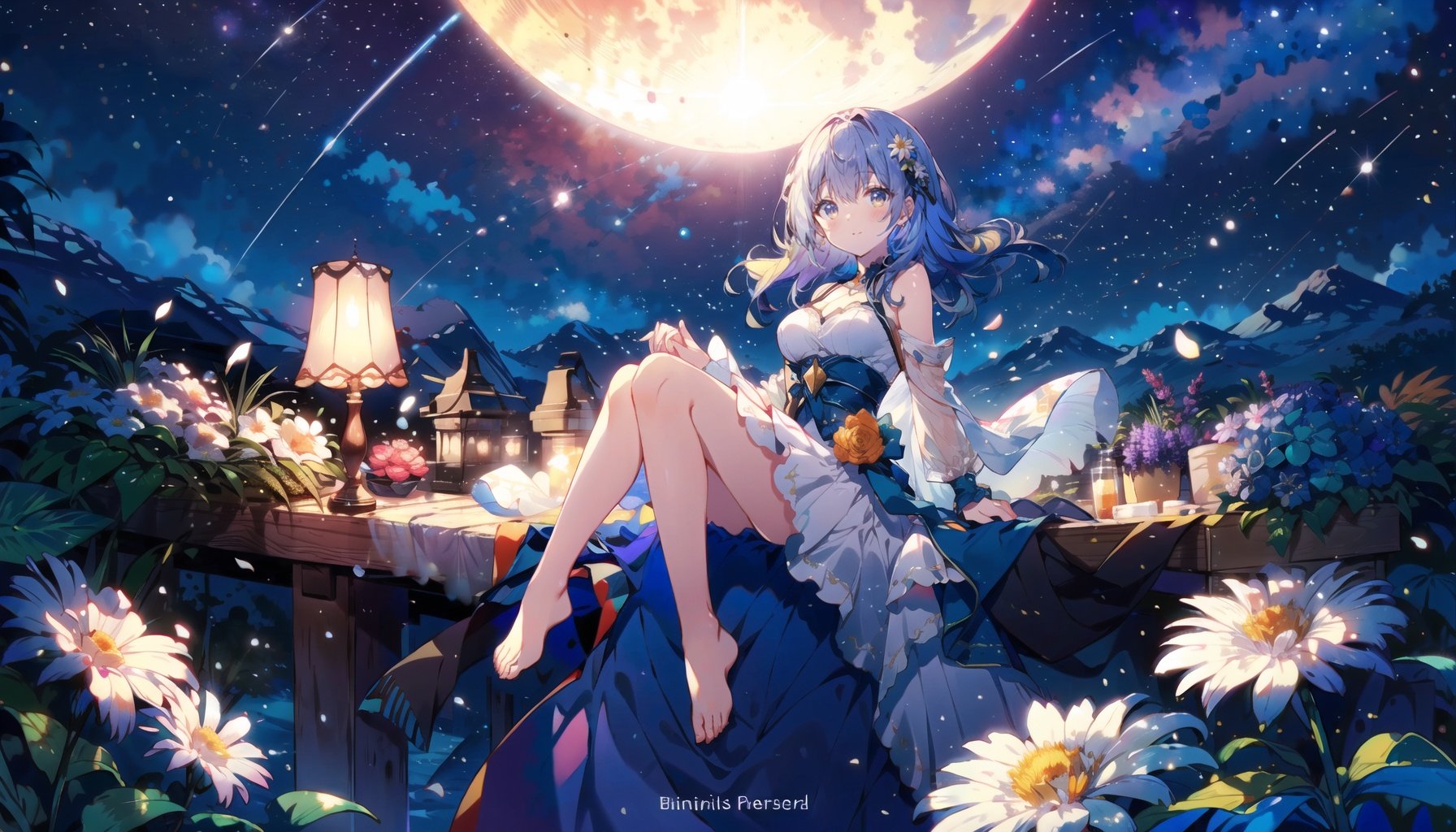 looking at viewer, (mid shot:0.95), (full body:1.25), Dynamic angle, ((Balcony)), (nature), (depth of field), amazing, growth, solo, lens flare, she(sitting,  admiring the flowers and the moon), (loli, little girl), (long sleeves), ((arms behind back)), she(long white hair+golden eyes+white simple style transparent dress+hair flower+shiny skin+shiny hair+crystal clear clothes), bare legs, barefoot, Startrail,  potted plant,  hanging potted the plants,  between lamp,  potted smallpox,  blighting stars,  night,  elegant,  night sky, extremely delicate and beautiful sky, shiny, nebula, star, galaxy, meteor, meteor shower, close-up, petals floating, many flowers, garden, glowworm, daisy,  carnation,  lavender,  lily,  chrysanthemum,  rose), (looking at viewer), <lora:EMS-14220-EMS:1.200000>, , <lora:EMS-30781-EMS:1.000000>