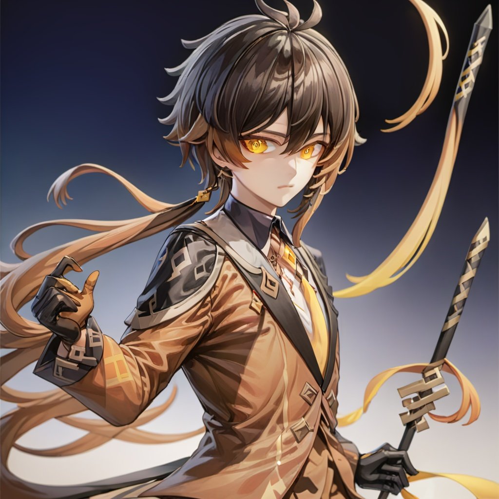  1boy, male focus, solo, zhongli (genshin impact) long hair, brown hair, jewelry, bangs, hair between eyes, polearm, earrings, single earring, multicolored hair, long sleeves, ponytail, gloves, formal, tassel, closed mouth, jacket, yellow eyes, black gloves, necktie, collared shirt, suit, spear, black hair, tassel earrings, shirt, looking at viewer, gradient hair, holding weapon, holding, eyeliner, simple background, makeup,zhongli