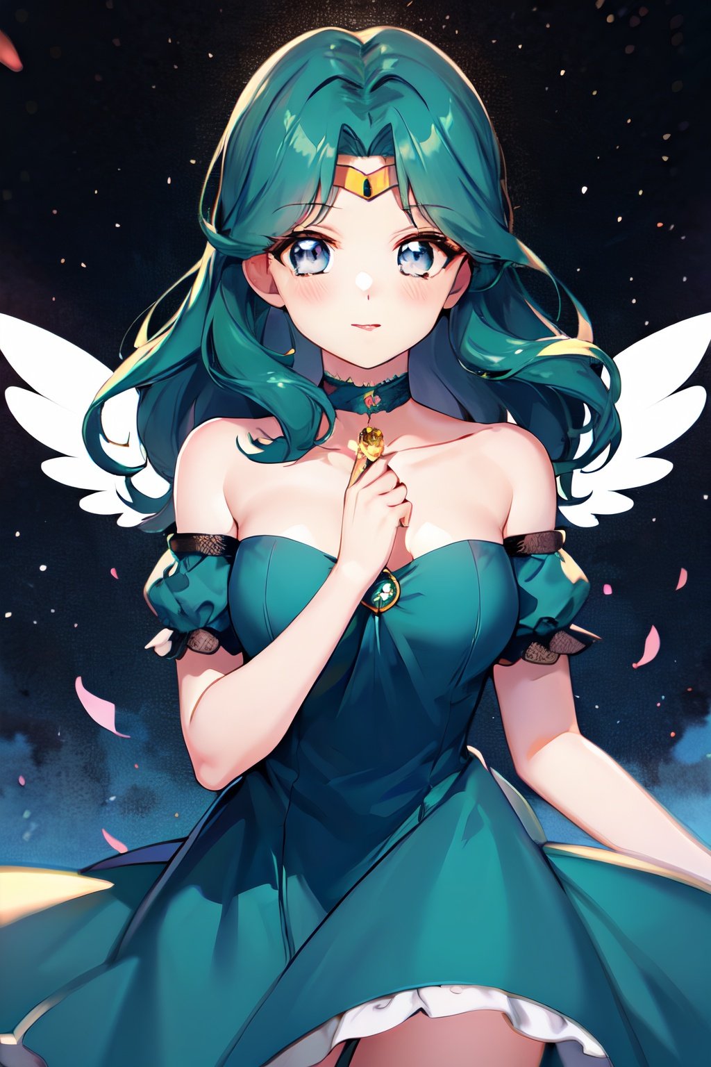 masterpiece, best quality, highres, michiru, blue dress, choker, puffy detached sleeves, tiara, green hair, blue eyes, mini wings