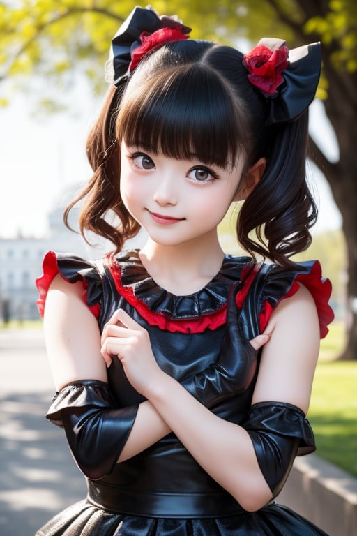 A bright sunny day photo of YUIMETAL (Yui Mizuno) from BABYMETAL, speaking, age 9, (smile:1.0), Emphasize her distinctive appearance: short black hair, round face, dark brown eyes, Wearing her iconic BABYMETAL costume: black and red gothic lolita dress with tutu skirt, black boots, Standing in front of the White House in Washington D.C., Solo portrait, highly detailed, masterpiece, 8K resolution