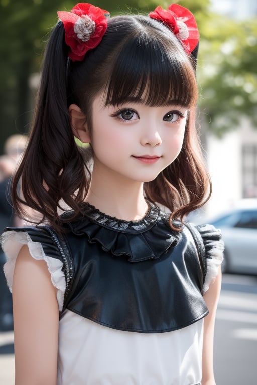 A bright sunny day photo of YUIMETAL (Yui Mizuno) from BABYMETAL, speaking, age 9, (smile:1.0), Emphasize her distinctive appearance: short black hair, round face, dark brown eyes, Wearing her iconic BABYMETAL costume: black and red gothic lolita dress with tutu skirt, black boots, Standing in front of the White House in Washington D.C., Solo portrait, highly detailed, masterpiece, 8K resolution