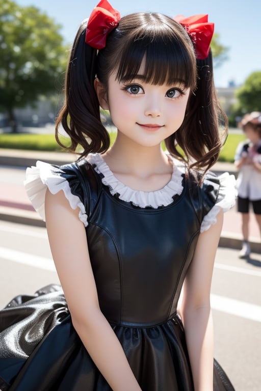 A bright sunny day photo of YUIMETAL (Yui Mizuno) from BABYMETAL, speaking, age 9, (smile:1.0), Emphasize her distinctive appearance: short black hair, round face, dark brown eyes, Wearing her iconic BABYMETAL costume: black and red gothic lolita dress with tutu skirt, black boots, Standing in front of the White House in Washington D.C., Solo portrait, highly detailed, masterpiece, 8K resolution