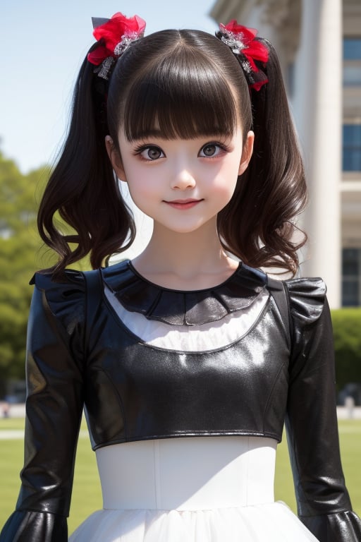 A bright sunny day photo of YUIMETAL (Yui Mizuno) from BABYMETAL, speaking, age 9, (smile:1.0), Emphasize her distinctive appearance: short black hair, round face, dark brown eyes, Wearing her iconic BABYMETAL costume: black and red gothic lolita dress with tutu skirt, black boots, Standing in front of the White House in Washington D.C., Solo portrait, highly detailed, masterpiece, 8K resolution