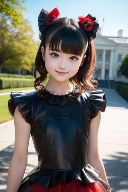 A bright sunny day photo of YUIMETAL (Yui Mizuno) from BABYMETAL, speaking, age 9, (smile:1.0), Emphasize her distinctive appearance: short black hair, round face, dark brown eyes, Wearing her iconic BABYMETAL costume: black and red gothic lolita dress with tutu skirt, black boots, Standing in front of the White House in Washington D.C., Solo portrait, highly detailed, masterpiece, 8K resolution