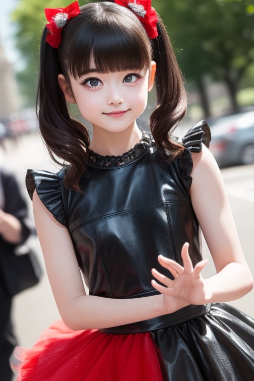 A bright sunny day photo of YUIMETAL (Yui Mizuno) from BABYMETAL, speaking, age 9, (smile:1.0), Emphasize her distinctive appearance: short black hair, round face, dark brown eyes, Wearing her iconic BABYMETAL costume: black and red gothic lolita dress with tutu skirt, black boots, Standing in front of the White House in Washington D.C., Solo portrait, highly detailed, masterpiece, 8K resolution