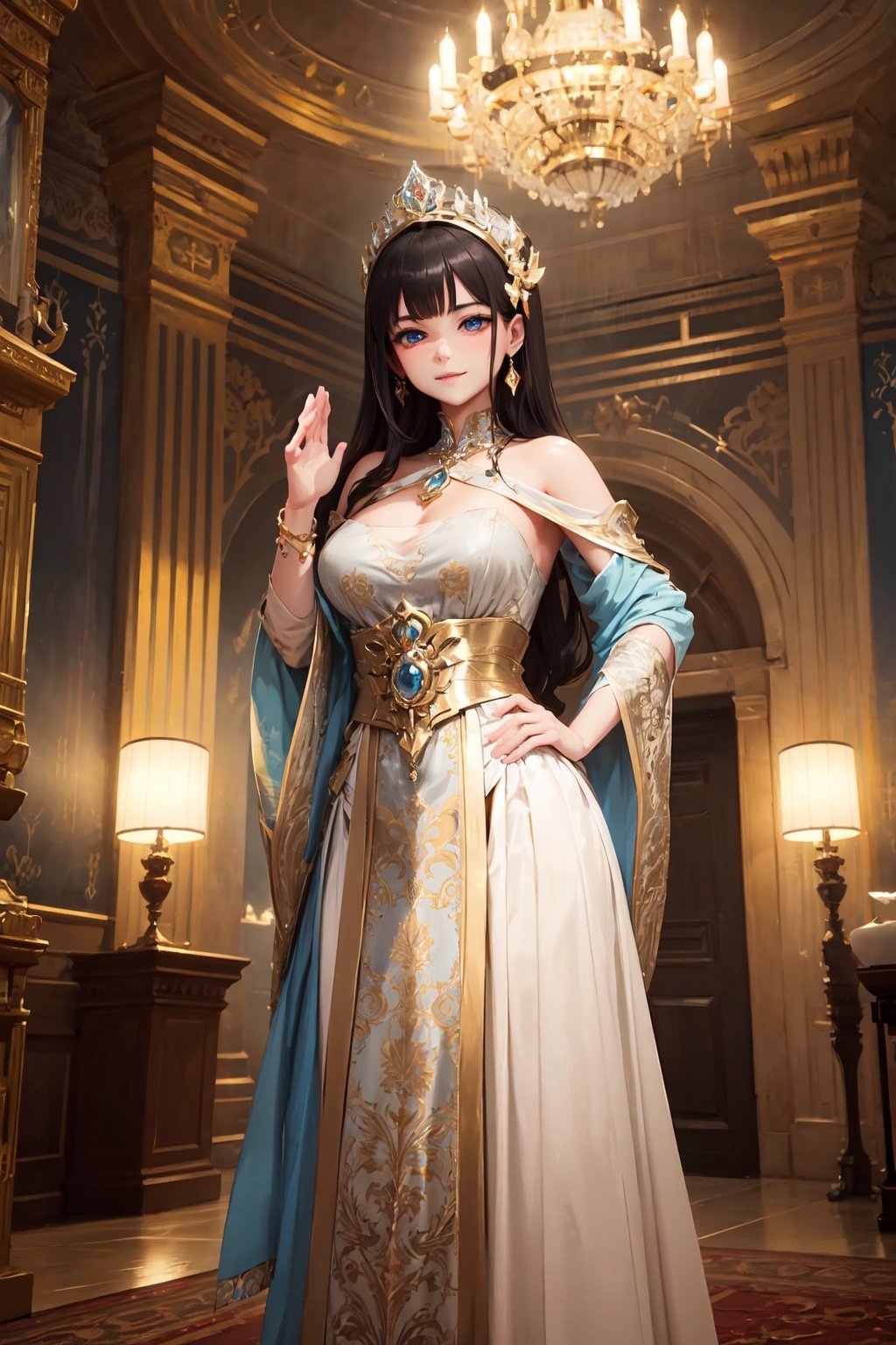 
(best quality:1.2), (hyper detailed),
blue eyes, black hair, long hair, (parted bangs:1.2),(slicked back:0.8), shy smile

Style - Opulence and Grandeur
Background - The character is situated in a lavish and opulent setting, surrounded by luxurious decor, intricate details, and an aura of grandeur that sets the stage for their commanding presence.
Subject - The character embodies the epitome of opulence and grandeur, exuding a regal demeanor and capturing attention with their majestic aura and elegant stature.
View - The camera captures the character in a medium shot, allowing for a balanced focus on their regal appearance and the opulent environment that envelops them.
Appearance - The character's appearance is a testament to opulence, featuring opulent clothing, exquisite accessories, and a dignified poise that emanates an air of grandeur.
Outfit - Draped in opulent attire that showcases luxurious fabrics, intricate embellishments, and a regal color palette, the character's outfit seamlessly blends with the lavish surroundings.
Pose - The character strikes a dignified and confident pose that accentuates their regal aura, portraying them as a figure of authority and sophistication.
Details - Every aspect of the character's ensemble exudes meticulous attention to detail, from the elaborate patterns on their clothing to the shimmering gemstones that adorn their accessories.
Effects - Lighting plays a pivotal role in illuminating the character's opulent presence, casting a soft glow that highlights their refined features and adds depth to the scene.
Description - This portrayal presents the character within a realm of opulence and grandeur. The scene is a testament to extravagance, featuring opulent decor, intricate architecture, and an ambiance that exudes regal sophistication. The character stands as the embodiment of opulence, their presence radiating majesty and prestige. Captured in a medium shot, the camera showcases both the character's regal appearance and the lavish environment that envelops them. The character's attire is a symphony of opulent elements, from the sumptuous fabrics that drape their form to the intricate embellishments that catch the light. Every detail is carefully considered, from the patterns that grace their clothing to the sparkling gemstones that adorn their accessories, all coming together to create a harmonious display of grandeur. The character's pose exudes confidence and dignity, capturing their commanding aura as they stand as a figure of authority and sophistication. The interplay of light adds a touch of magic to the scene, casting a soft glow that accentuates the character's refined features and creates depth within the opulent setting. The result is a captivating portrayal that epitomizes opulence and grandeur, transporting viewers to a world of regal beauty and refined elegance that transcends time.