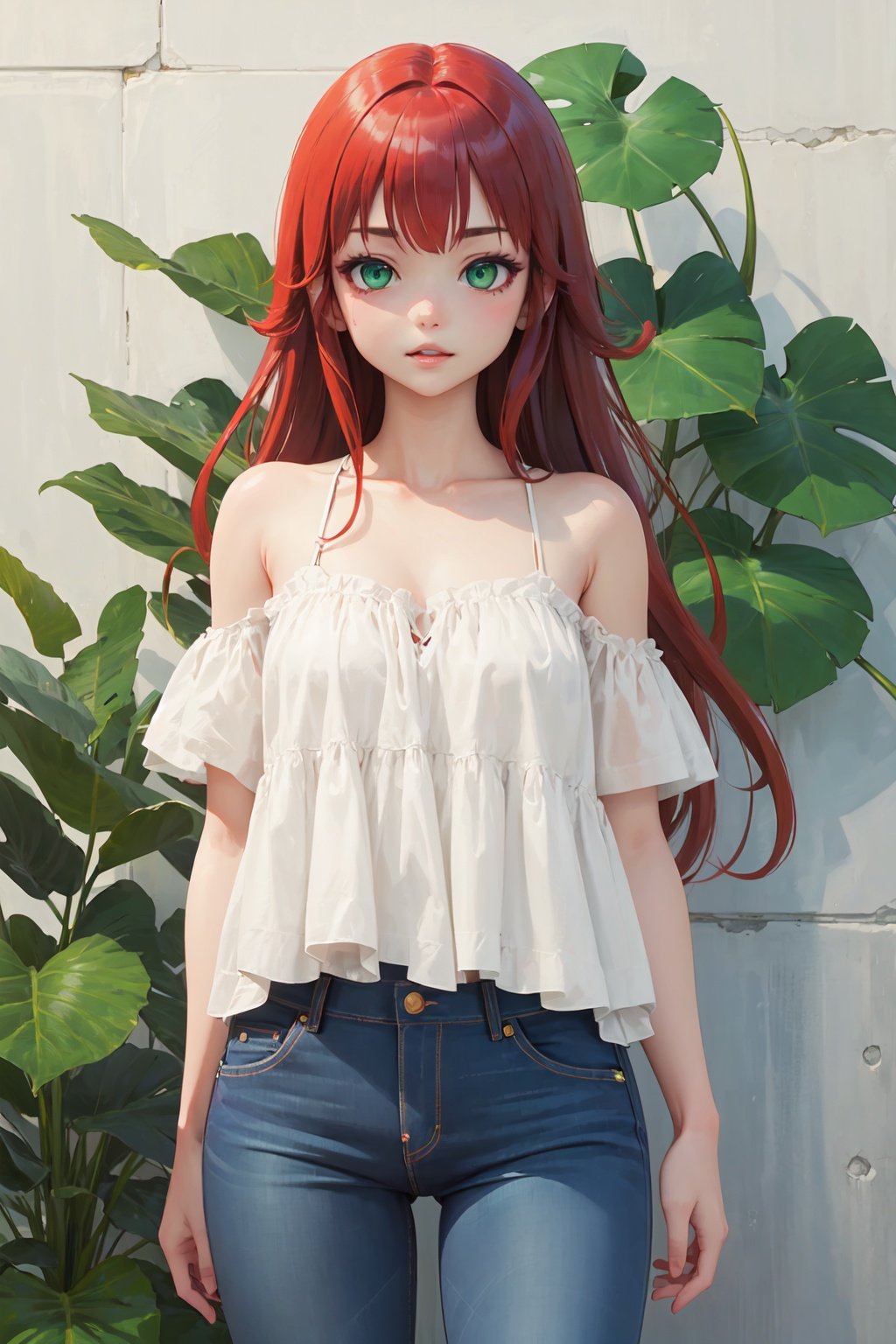 
(best quality:1.2), (hyper detailed),

masterpiece, best quality, 1girl, long hair, red hair, solo, green eyes, jeans, [leaf|dress]