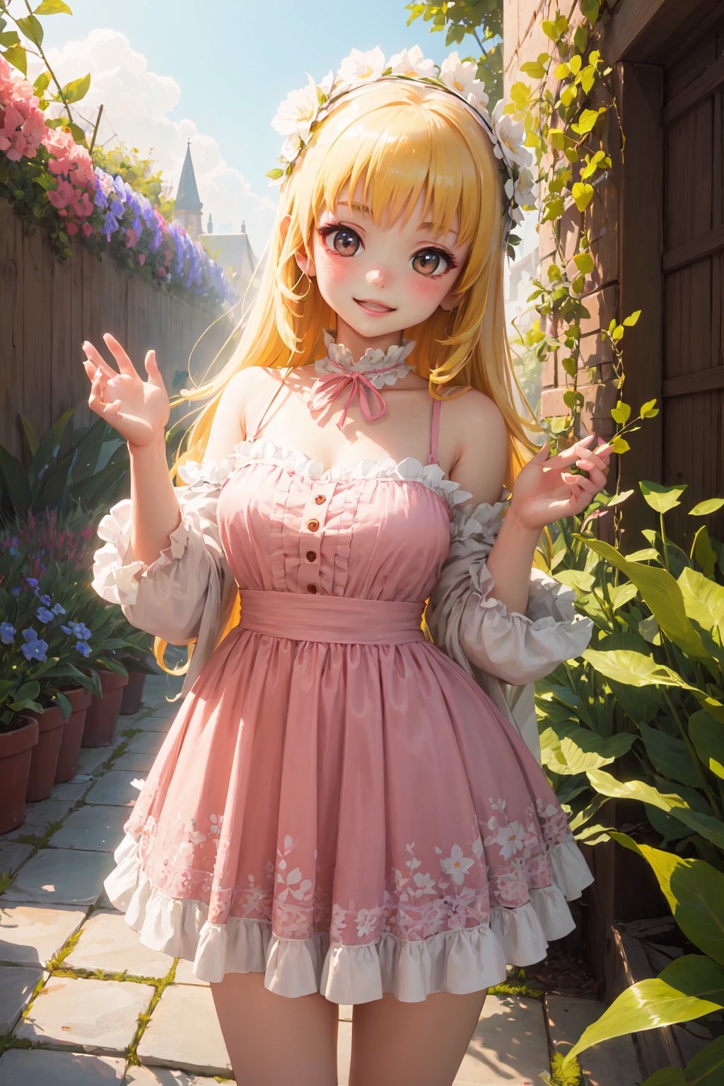 
(best quality:1.2), (hyper detailed),

Style - Lovely and Cute
Background - The character is surrounded by a charming and vibrant garden filled with blooming flowers and lush greenery, creating a picturesque and enchanting backdrop.
Subject - The character embodies a delightful and adorable presence, radiating an aura of innocence, warmth, and loveliness that captures hearts instantly.
View - The camera captures the character in a close-up shot, allowing a focus on their endearing facial expressions and capturing the intricate details of their appearance.
Appearance - The character's appearance is a harmonious blend of loveliness and cuteness, with soft features, a gentle smile, and a demeanor that exudes approachability.
Outfit - The character is dressed in a charming pink outfit adorned with delicate flower patterns, reflecting their affinity for all things sweet, floral, and utterly adorable.
Pose - The character strikes a pose that combines playfulness and innocence, showcasing their delightful personality and creating an instant connection with viewers.
Details - Every detail, from the dainty floral accessories to the gentle rosy hues of their makeup, contributes to the character's overall enchanting and appealing look.
Effects - Sunlight filters through the foliage of the garden, casting a warm and soft glow on the character, enhancing their radiance and adding to the idyllic atmosphere.
Description - This depiction presents the character in a setting that perfectly matches their lovely and cute persona. Surrounded by a vibrant garden bursting with blooming flowers and verdant foliage, the character shines as the epitome of charm. Captured in a close-up shot, their expressions are endearing and inviting, drawing viewers into their world of sweetness and innocence. Their appearance is a testament to all things delightful, with a gentle smile that warms hearts and a pink outfit adorned with delicate flower patterns that emphasizes their affinity for everything cute and floral. The character's pose exudes playfulness and innocence, capturing the essence of their personality in a single moment. The attention to detail, from the dainty floral accessories to the rosy hues of their makeup, creates a cohesive and enchanting look that is impossible to resist. The sunlight filtering through the garden's foliage adds an ethereal touch, bathing the character in a soft and warm glow that enhances their overall radiance and accentuates the idyllic atmosphere. In sum, this portrayal invites viewers to bask in the presence of a character who embodies the very essence of loveliness and cuteness, enveloped by the beauty of nature's floral wonders.