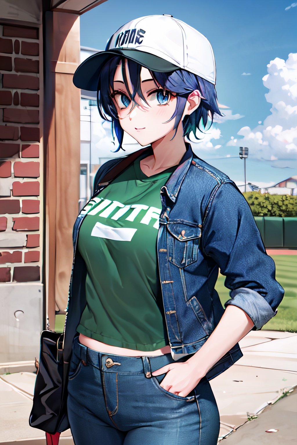 masterpiece, best quality, highres, 1girl, suzuna, blue hair, blue eyes, baseball cap, green shirt, jacket, jeans