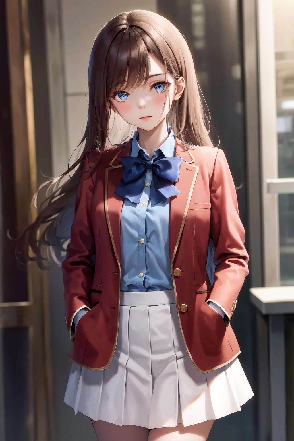 masterpiece, best quality, highres, 1girl matsushita swept bangs brown hair, white skirt red jacket blue shirt open jacket blue bowtie <lora:chiaki_matsushita:1> standing, hands in pockets